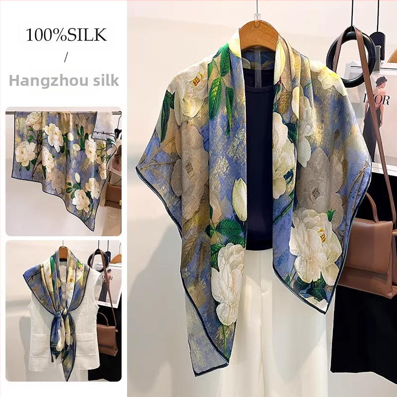 Štvorecový šál z hodvábu Mulberry, saténová tkanina, jeseň, pôvod Shaoxing, prispôsobiteľné vzory balenia s prateľnou etiketou