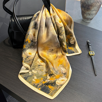 Kvadro dervos šalas iš dudų šilko su aliejinės tapybos stiliaus atspaudu: augalai ir gėlės, lygi audinys, pavasaris 2025