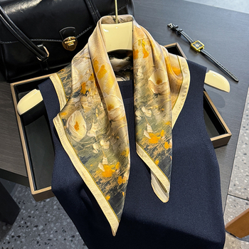 Kvadro dervos šalas iš dudų šilko su aliejinės tapybos stiliaus atspaudu: augalai ir gėlės, lygi audinys, pavasaris 2025