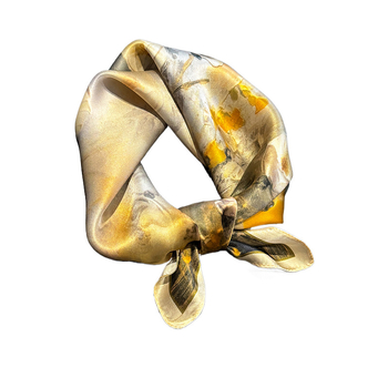 Kvadro dervos šalas iš dudų šilko su aliejinės tapybos stiliaus atspaudu: augalai ir gėlės, lygi audinys, pavasaris 2025