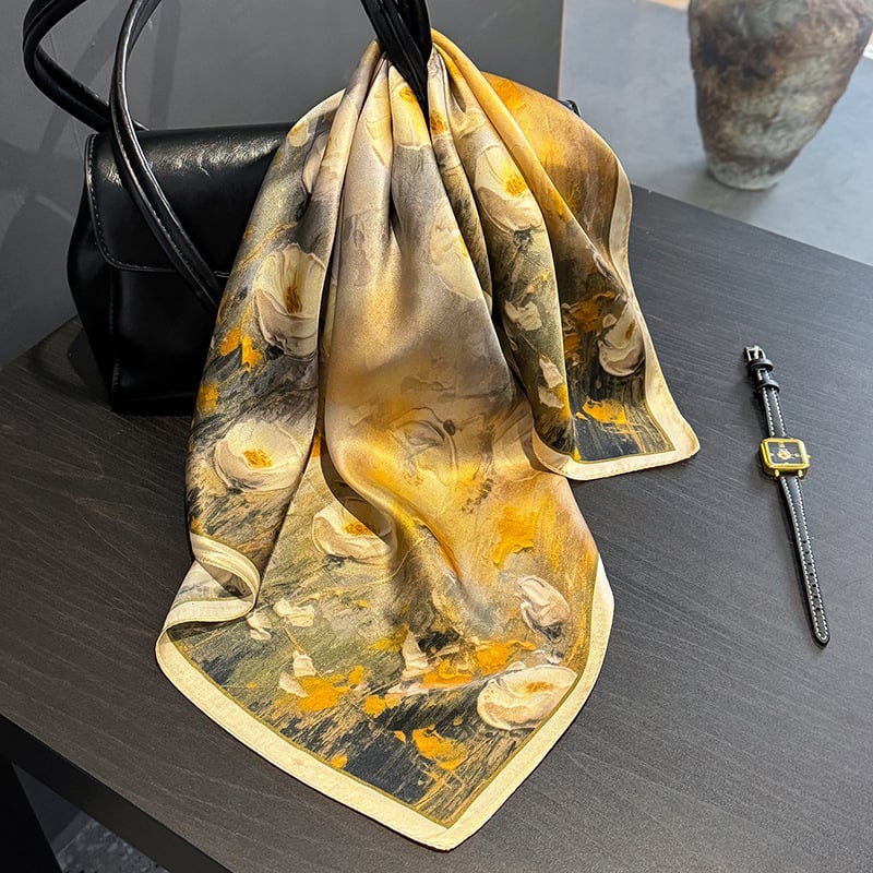 Τετράγωνο μεταξωτό σάλι από μετάξι μουριάς με εκτύπωση σε στυλ λαδιού: φυτά και λλούδια, απλό ύφανση, άνοιξη 2025