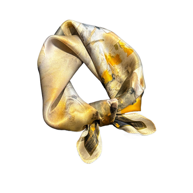 Kvadro dervos šalas iš dudų šilko su aliejinės tapybos stiliaus atspaudu: augalai ir gėlės, lygi audinys, pavasaris 2025