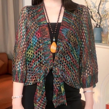 Moteriškas imitacinio ledinio šilko šalikėlis-kardiganas, lengvas vasaros ir rudens išorinis drabužis, warp mezgimas, tinklelio raštas, dekoratyvus tie-dye paviršius