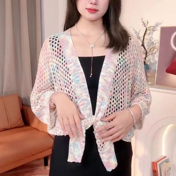 Moteriškas imitacinio ledinio šilko šalikėlis-kardiganas, lengvas vasaros ir rudens išorinis drabužis, warp mezgimas, tinklelio raštas, dekoratyvus tie-dye paviršius