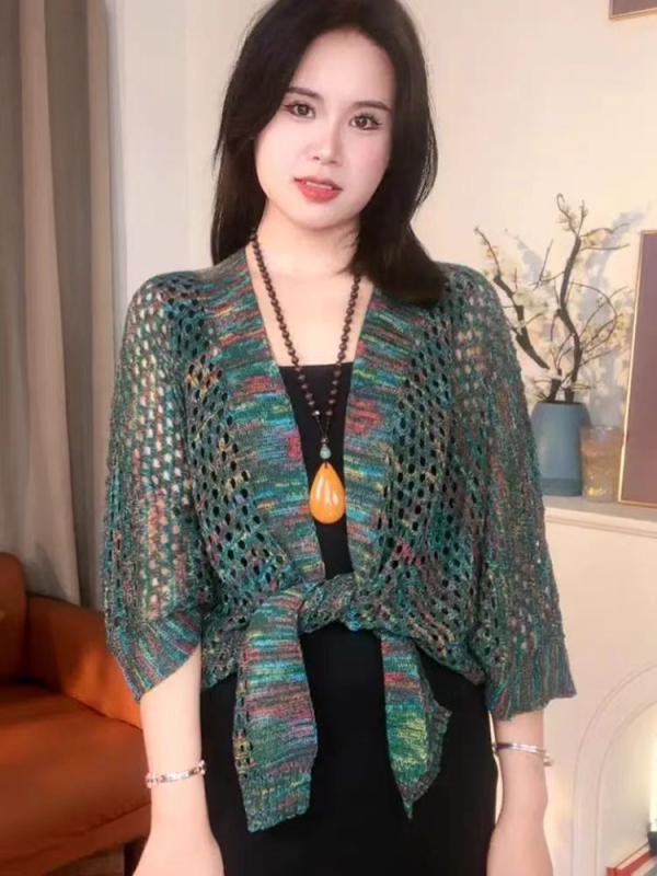 Moteriškas imitacinio ledinio šilko šalikėlis-kardiganas, lengvas vasaros ir rudens išorinis drabužis, warp mezgimas, tinklelio raštas, dekoratyvus tie-dye paviršius