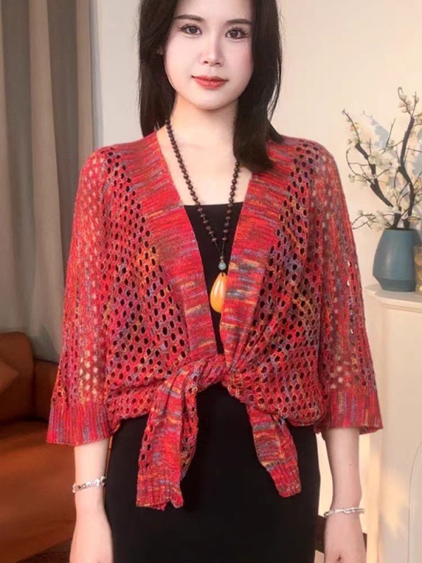 Moteriškas imitacinio ledinio šilko šalikėlis-kardiganas, lengvas vasaros ir rudens išorinis drabužis, warp mezgimas, tinklelio raštas, dekoratyvus tie-dye paviršius