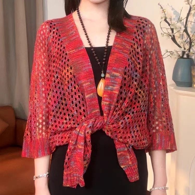 Moteriškas imitacinio ledinio šilko šalikėlis-kardiganas, lengvas vasaros ir rudens išorinis drabužis, warp mezgimas, tinklelio raštas, dekoratyvus tie-dye paviršius