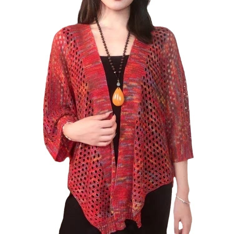 Moteriškas imitacinio ledinio šilko šalikėlis-kardiganas, lengvas vasaros ir rudens išorinis drabužis, warp mezgimas, tinklelio raštas, dekoratyvus tie-dye paviršius