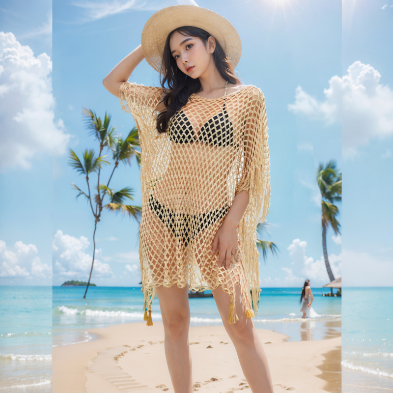 Moterų pliažo šalikėlis, megztas tinklinis, vienos spalvos poliesteris, saulės apsauga