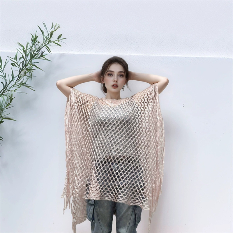 Moterų pliažo šalikėlis, megztas tinklinis, vienos spalvos poliesteris, saulės apsauga