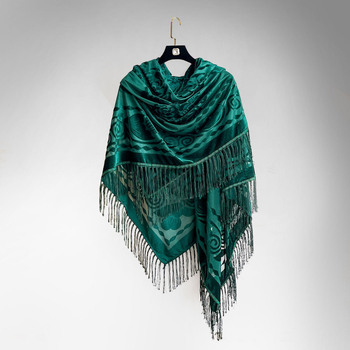 Moterų kvadratinė šalikas su iškirptais gėlių motyvais ir kutais, poliesteris, paprastas audimas, retro etninio stiliaus