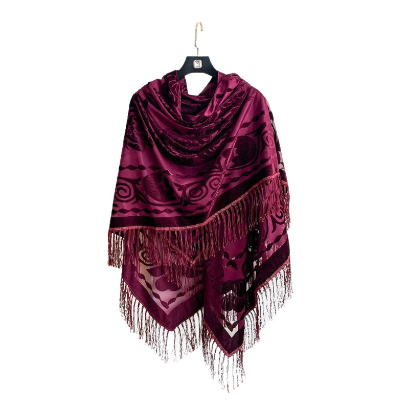 Moterų kvadratinė šalikas su iškirptais gėlių motyvais ir kutais, poliesteris, paprastas audimas, retro etninio stiliaus