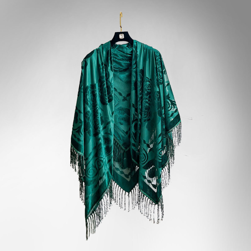 Moterų kvadratinė šalikas su iškirptais gėlių motyvais ir kutais, poliesteris, paprastas audimas, retro etninio stiliaus