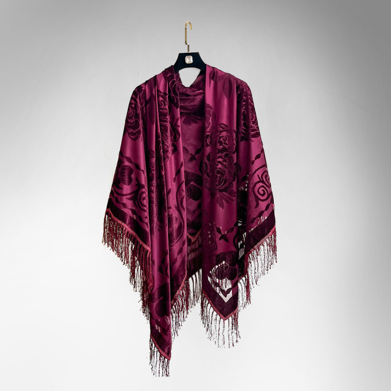 Moterų kvadratinė šalikas su iškirptais gėlių motyvais ir kutais, poliesteris, paprastas audimas, retro etninio stiliaus