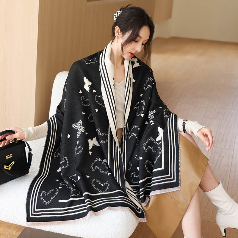 Moterų dirbtinio kašmyro šalis - šilta, warp mezgimas, Jacquard apdaila, medvilnės-poliesterio mišinys