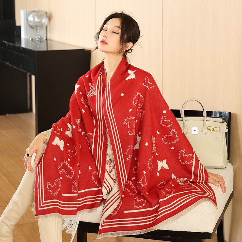 Moterų dirbtinio kašmyro šalis - šilta, warp mezgimas, Jacquard apdaila, medvilnės-poliesterio mišinys