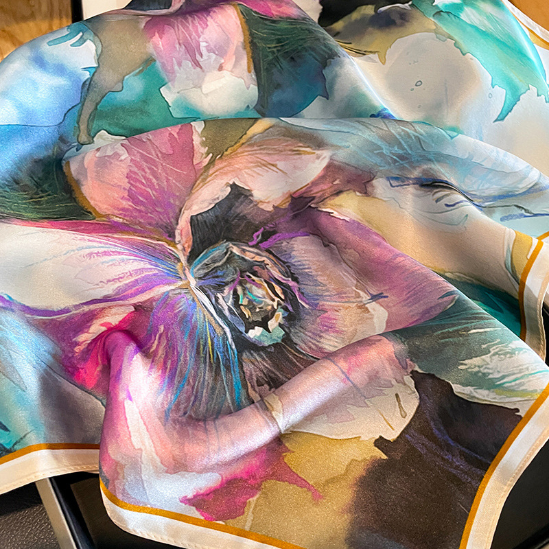 Mulberry šilko kvadratinė šalikas, spaudinimas raštas, paprasta audinys, tie-dye apdaila, žiemos kolekcija 2023