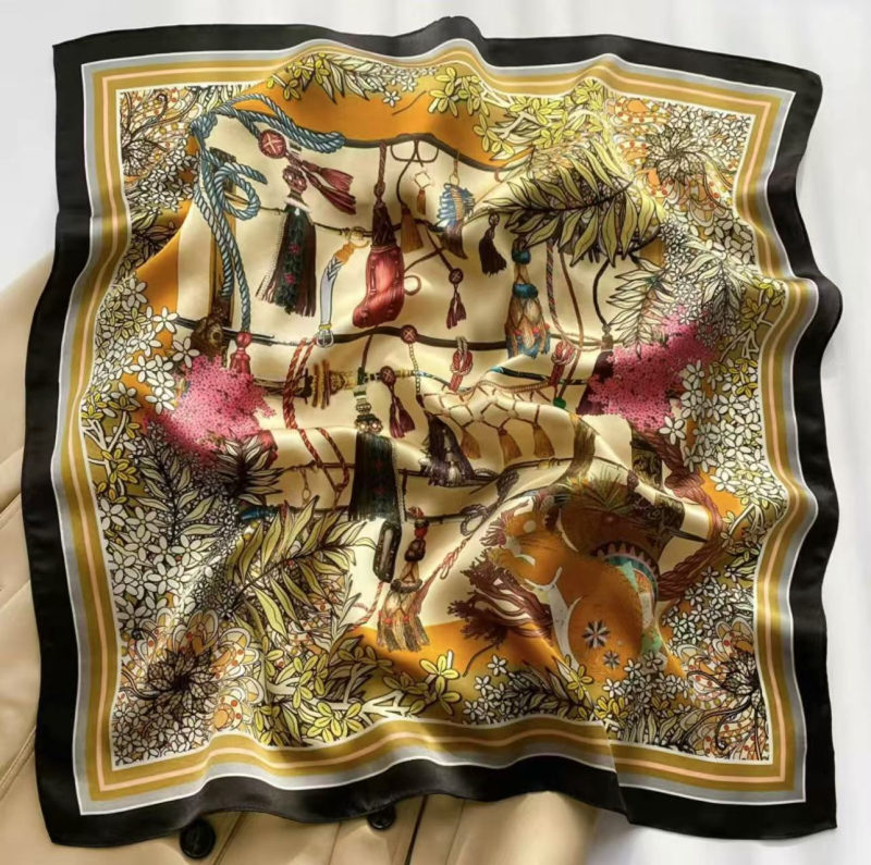 Šilko kvadratinė šalikas su spauda, crepe-satin šilkas audinys, Hangzhou kilmė, pavasaris 2025