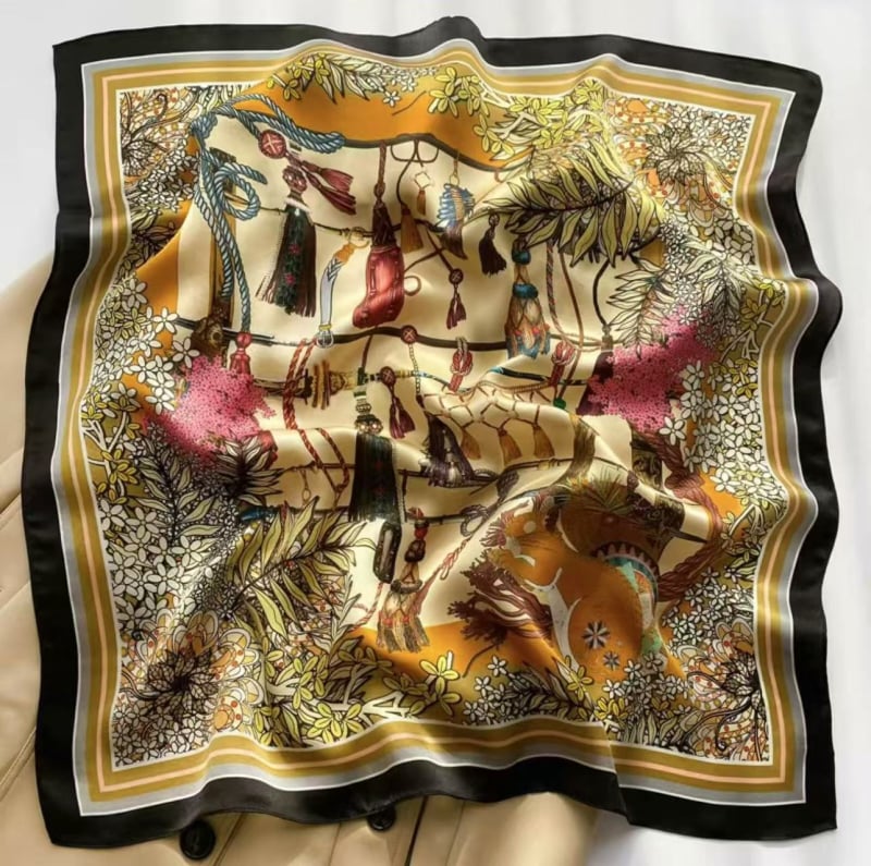 Šilko kvadratinė šalikas su spauda, crepe-satin šilkas audinys, Hangzhou kilmė, pavasaris 2025