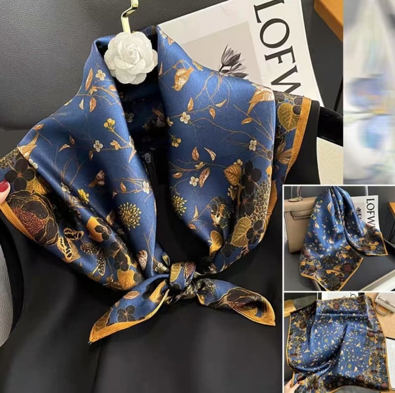 Šilko kvadratinė šalikas su spauda, crepe-satin šilkas audinys, Hangzhou kilmė, pavasaris 2025