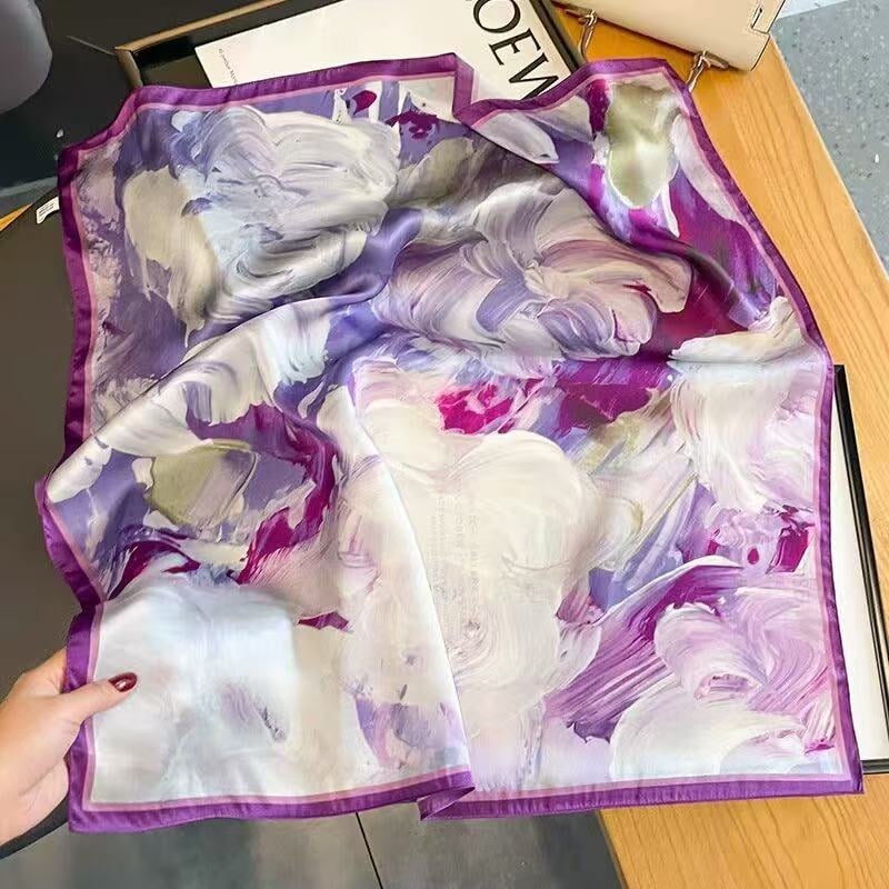 Šilko kvadratinė šalikas su spauda, crepe-satin šilkas audinys, Hangzhou kilmė, pavasaris 2025