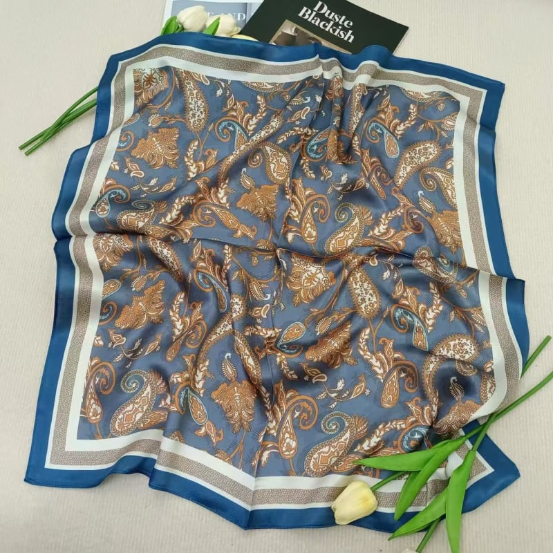 Šilko kvadratinė šalikas su spauda, crepe-satin šilkas audinys, Hangzhou kilmė, pavasaris 2025