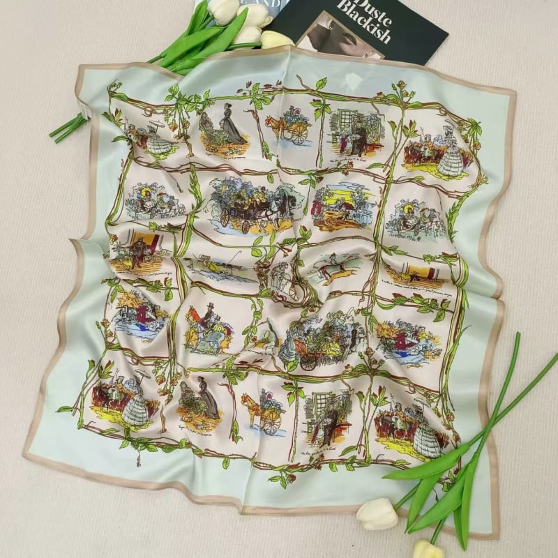 Šilko kvadratinė šalikas su spauda, crepe-satin šilkas audinys, Hangzhou kilmė, pavasaris 2025