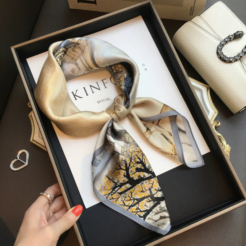 Šalikas iš 100% mulberry šilko, satino audinys, spauda, kvadratinė forma, literatūrinis retro stilius