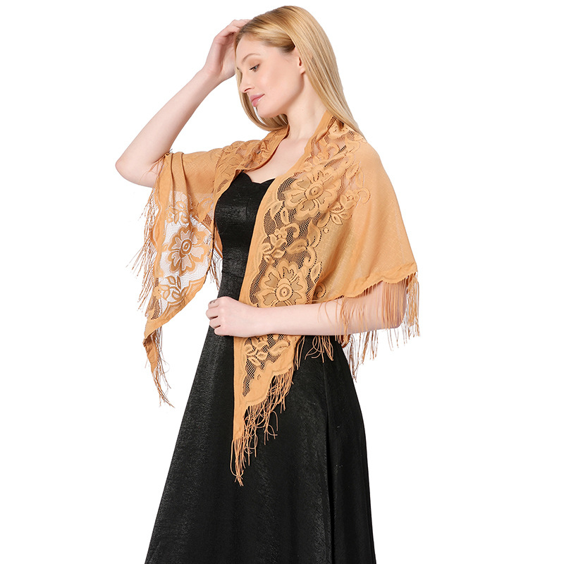 Moterų nėrinių trikampis šalikas, poliesteris, warp-knit audimas, gėlių raštas, elegantiškas visuomeninis stilius