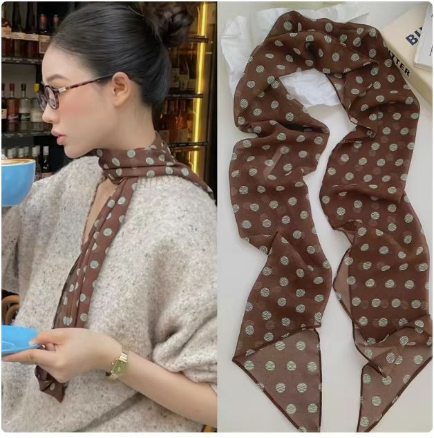 Šifono šalikas su taškuotu spausdinimu, poliesterio audinys su twill pynimu, spauda, universalus kaklo ar plaukų aksesuaras, Pavasaris 2025