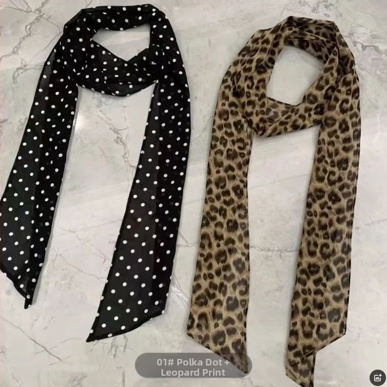 Šifónový šál s potlačou bodiek, polyesterová látka s twill väzbou, tlačená úprava, univerzálny doplnok na krk alebo vlasy, jar 2025