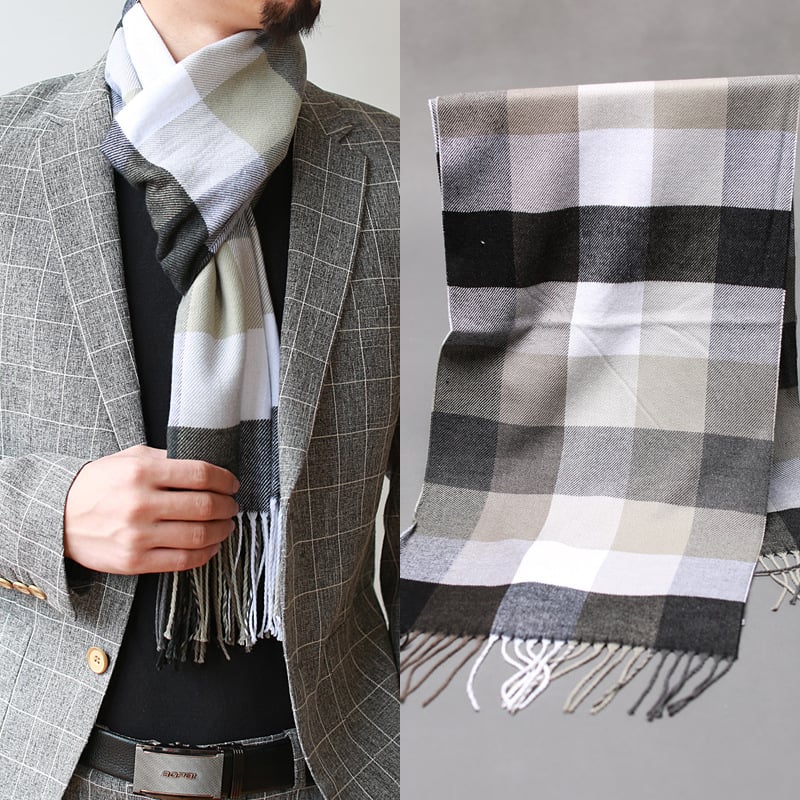 Vyrų šalikas su Korejos stiliaus languotu raštu ir kutais, imitacinis kašmyras, twill audinys, jacquard