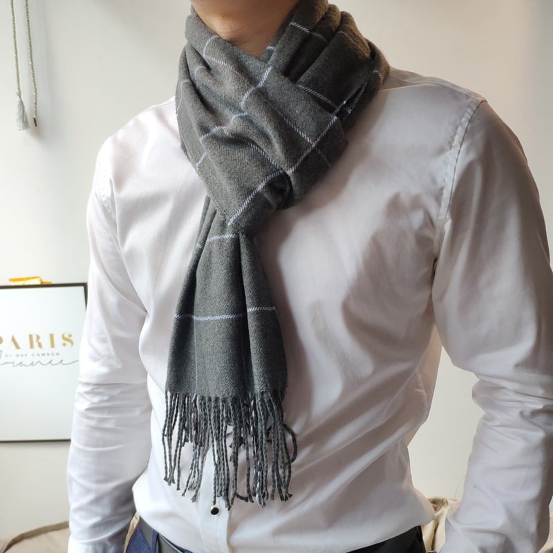 Vyrų šalikas su Korejos stiliaus languotu raštu ir kutais, imitacinis kašmyras, twill audinys, jacquard