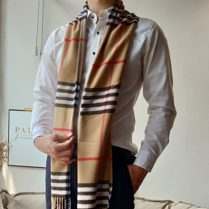 Vyrų šalikas su Korejos stiliaus languotu raštu ir kutais, imitacinis kašmyras, twill audinys, jacquard