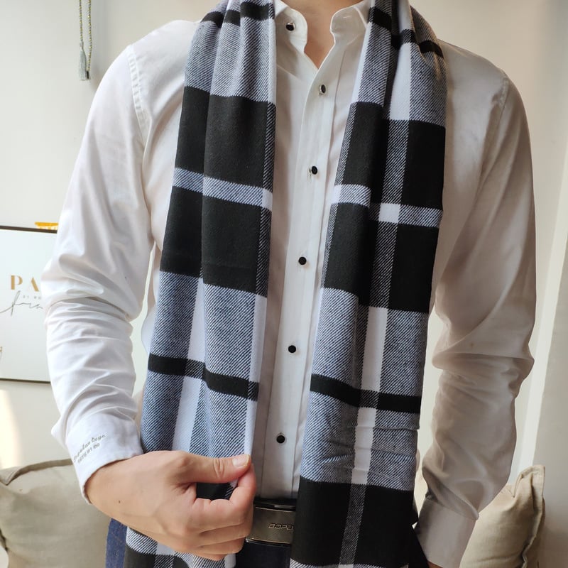 Vyrų šalikas su Korejos stiliaus languotu raštu ir kutais, imitacinis kašmyras, twill audinys, jacquard