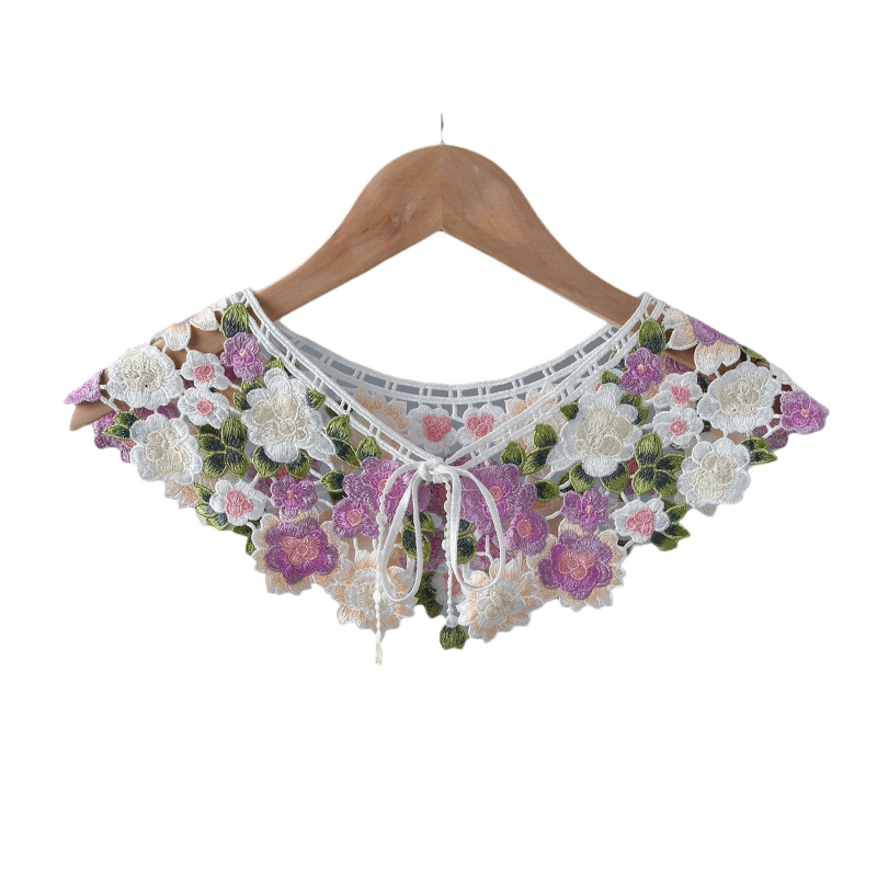 Moteriška dekoratyvinė klastojama apykaklė su siuvinėjimais ir aplikacijomis, paprasta mezgimo technika, šilko mišinio ir kitų pluoštų derinys, vasarai