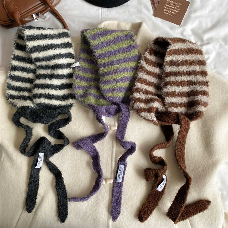 Φουλάρι κορεατικού στυλ με ρίγες, πλεκτό σε απλό πλέξιμο, για ζεστό χειμώνα