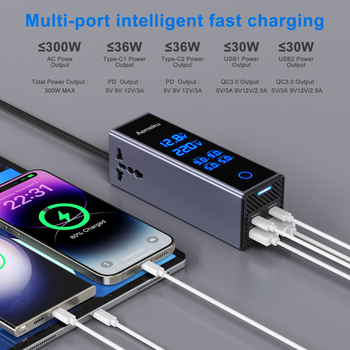 Automobilinis įtampos keitiklis 300W su dideliu LCD ekranu, įėjimas 12V/24V, išėjimas 220V, Aemeku/Aimiku