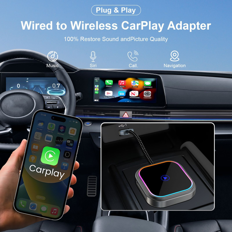 CXZ521 CarPlay belaidis adapteris skirtas laidiniam CarPlay ir Android Auto; aliuminio lydinys; USB sąsaja; kapacitacinis jutiklinis ekranas