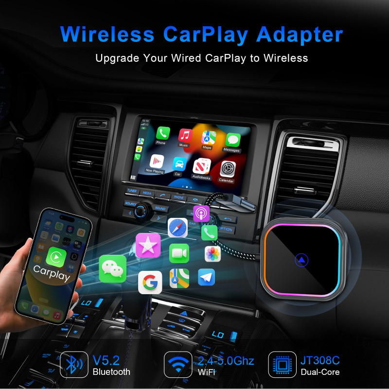 CXZ521 CarPlay belaidis adapteris skirtas laidiniam CarPlay ir Android Auto; aliuminio lydinys; USB sąsaja; kapacitacinis jutiklinis ekranas