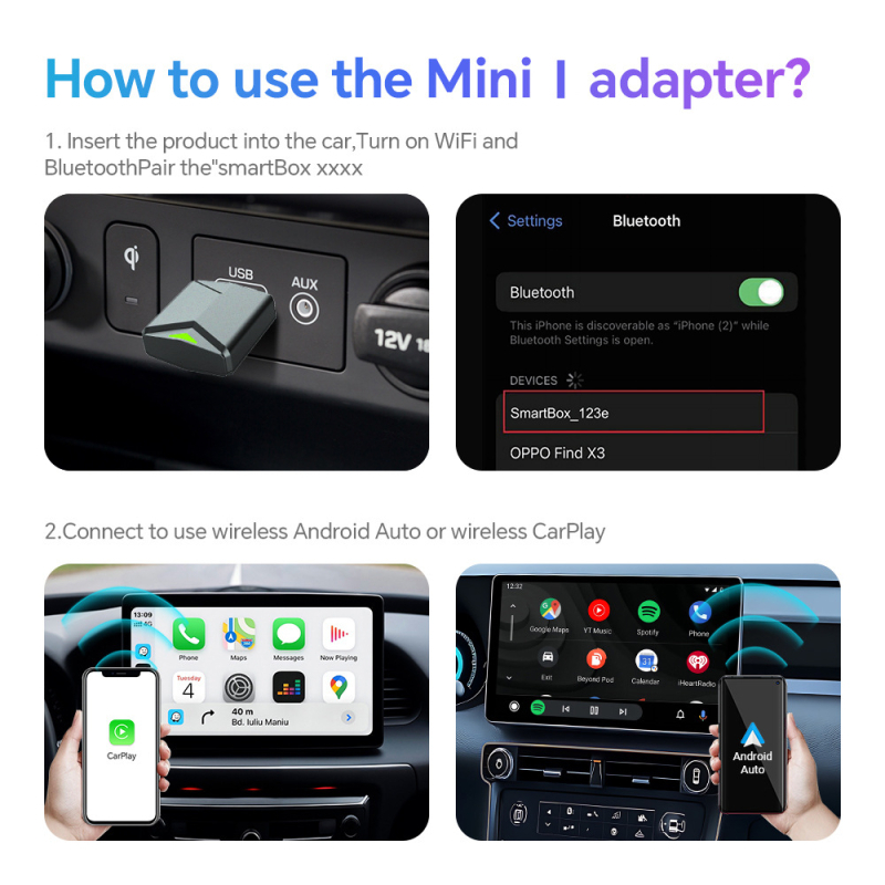 2-in-1 CarPlay laidinio ryšio ir Android Auto sujungimo modulis automobiliams su laidiniu CarPlay ( USB/Type-C sąsaja; Modelis Mini I; Medžiaga ABS+PC; Svoris 30 g; Ekranas: Nėra)