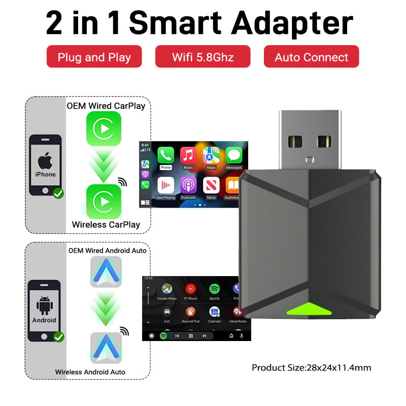 2-in-1 CarPlay laidinio ryšio ir Android Auto sujungimo modulis automobiliams su laidiniu CarPlay ( USB/Type-C sąsaja; Modelis Mini I; Medžiaga ABS+PC; Svoris 30 g; Ekranas: Nėra)