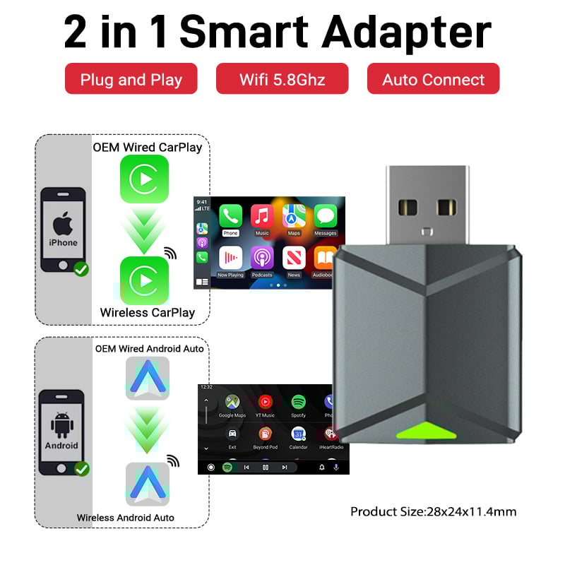 2-in-1 CarPlay laidinio ryšio ir Android Auto sujungimo modulis automobiliams su laidiniu CarPlay ( USB/Type-C sąsaja; Modelis Mini I; Medžiaga ABS+PC; Svoris 30 g; Ekranas: Nėra)