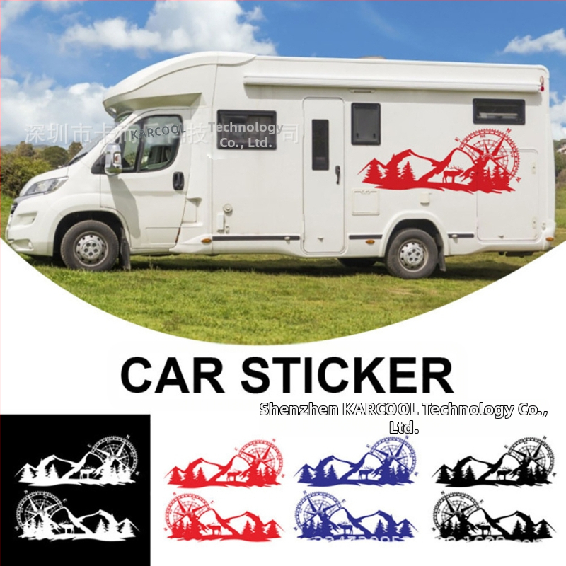 Lepiaca nálepka na karosériu auta s motívom hôr a dizajnom kompasu, PVC materiál, vhodná na dvere a bočné panely, pre RV a terénne vozidlá