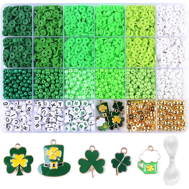 Σετ κατασκευής βραχιολιού από πολυμερή πηλό με χάντρες για τη Γιορτή του Αγίου Πατρικίου, 3480 χάντρες, 24 στυλ, μαλακός πηλός, ηλεκτροπλατίωση