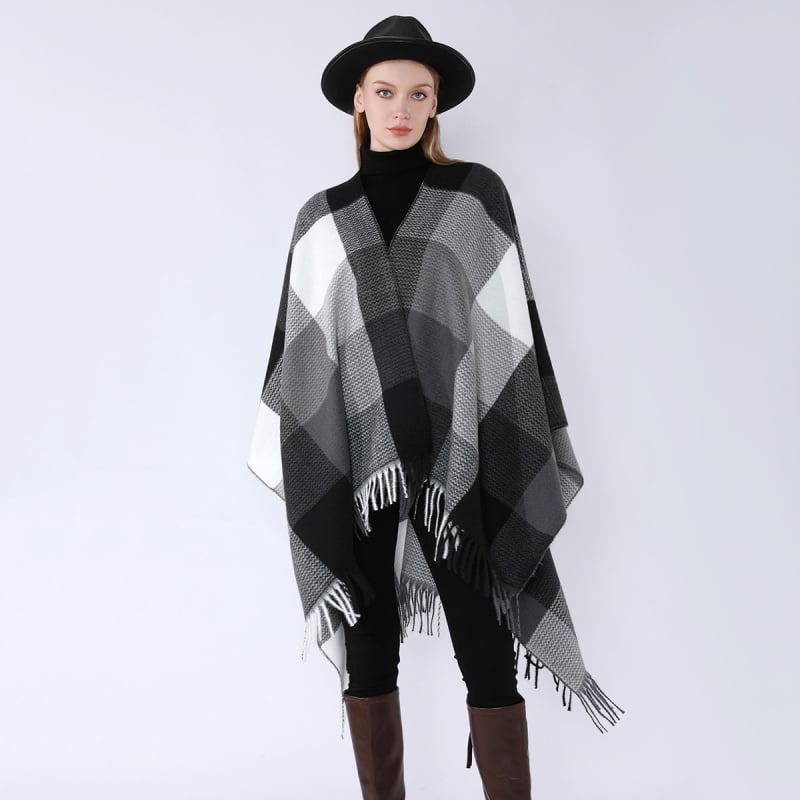 Unisex κασκόλ-μανδύας με πλέγμα σχέδιο και φούντες, πολυεστέρας, ζεστός για τον χειμώνα, την άνοιξη και το φθινόπωρο