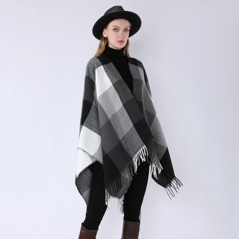 Unisex κασκόλ-μανδύας με πλέγμα σχέδιο και φούντες, πολυεστέρας, ζεστός για τον χειμώνα, την άνοιξη και το φθινόπωρο