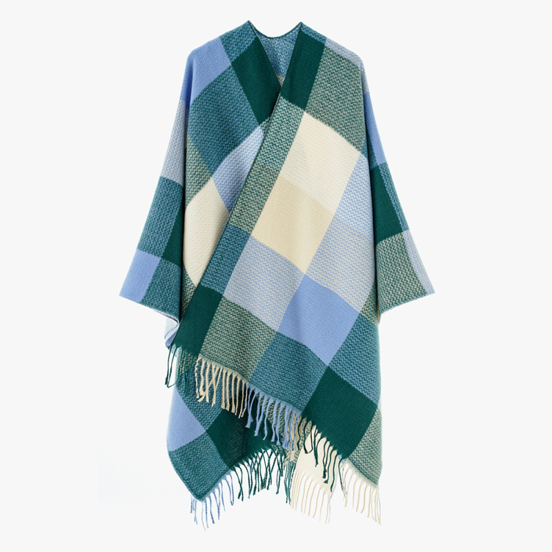 Unisex κασκόλ-μανδύας με πλέγμα σχέδιο και φούντες, πολυεστέρας, ζεστός για τον χειμώνα, την άνοιξη και το φθινόπωρο