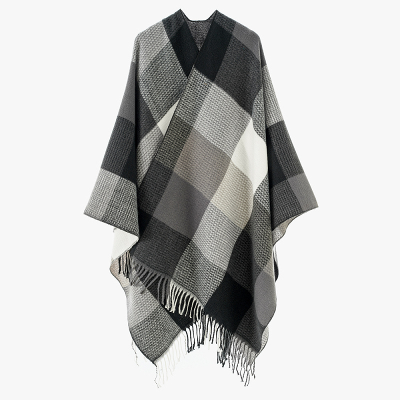 Unisex κασκόλ-μανδύας με πλέγμα σχέδιο και φούντες, πολυεστέρας, ζεστός για τον χειμώνα, την άνοιξη και το φθινόπωρο