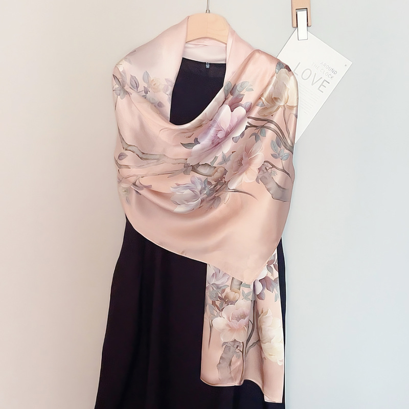 Μακρύ μεταξωτό φουλάρι με σατινέ ύφανση, 100% μετάξι, λογοτεχνικό ρετρό στυλ, μεσαίο μήκος